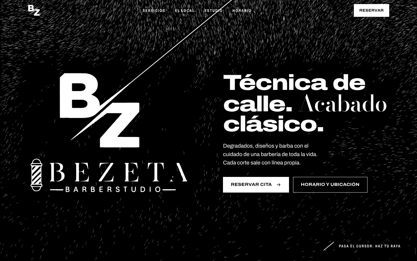 Portada de la web de BEZETA Barberstudio: logo en blanco sobre negro y el titular «Técnica de calle. Acabado clásico.»