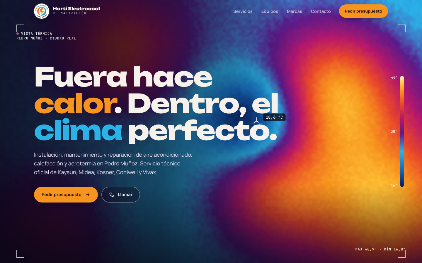 Portada de la web de Harti Electrocool: mapa térmico de colores y el titular «Fuera hace calor. Dentro, el clima perfecto.»